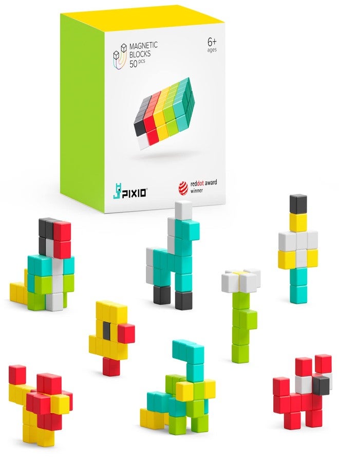 PIXIO-50 - Tiny Magnetic Blocks Building Toy in The Pixel Art Style with Free App - 5/16" Plastic Cubes with 6 Magnets Inside - Open Ended Toy - Creativity Toy for Ages 6+ - Image 1